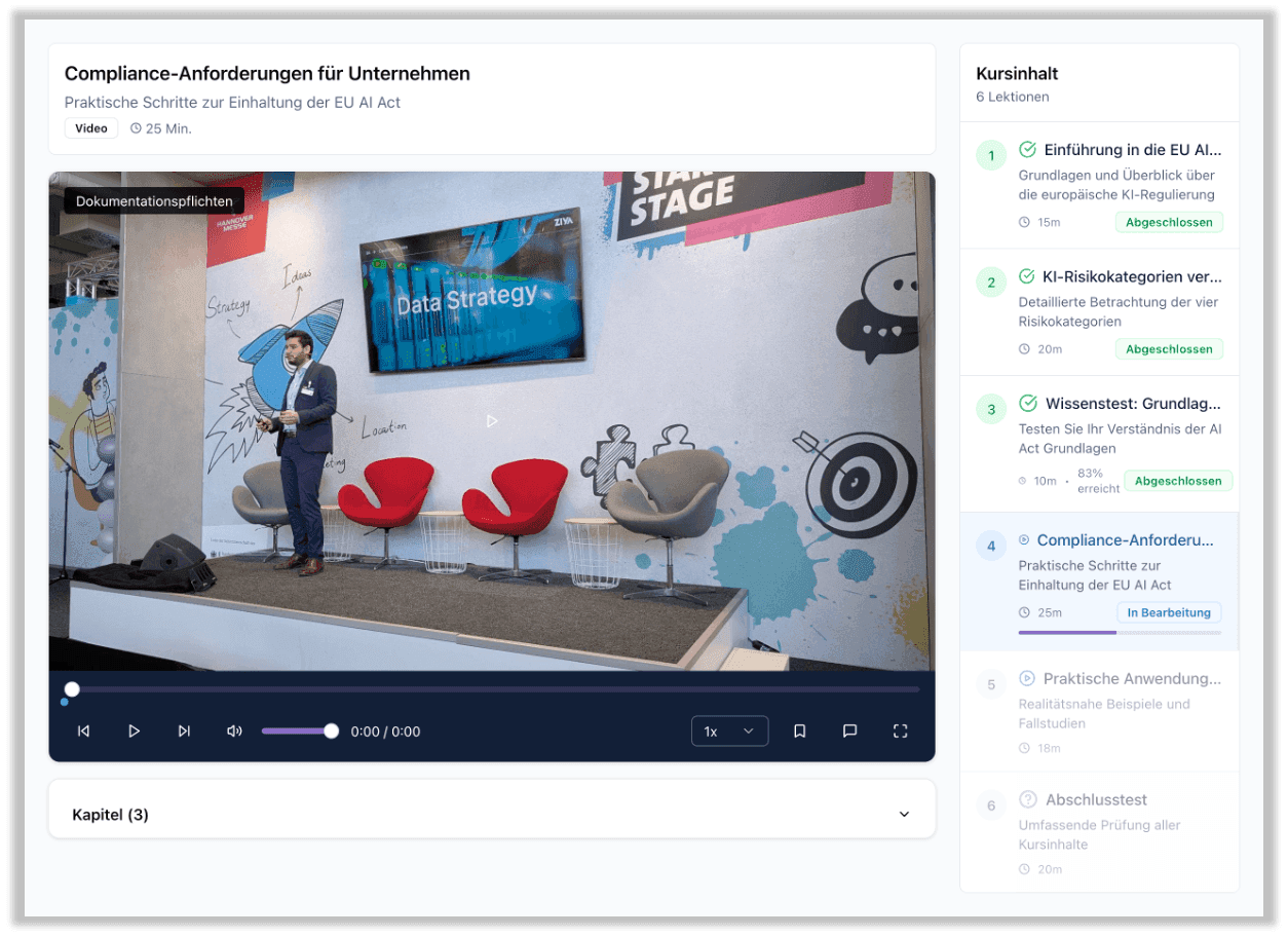 Kursansicht in Ziya Campus: eine Videolektion und der Kursinhalt mit sechs Lektionen, Quiz und Fortschritt.