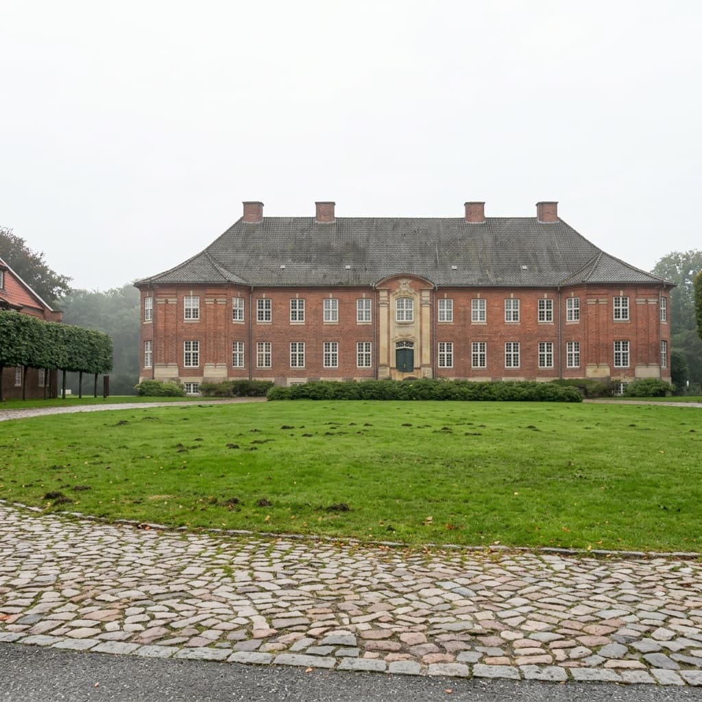 The manor house of Research Center Borstel in fog, AI-modified photo
